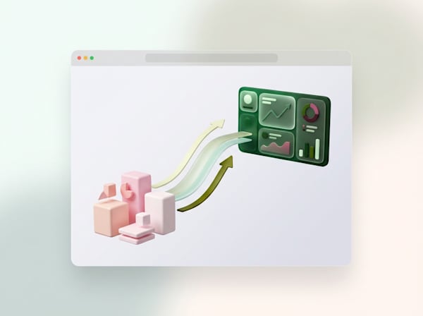 3D illustration of blocks with arrows pointing to a data dashboard