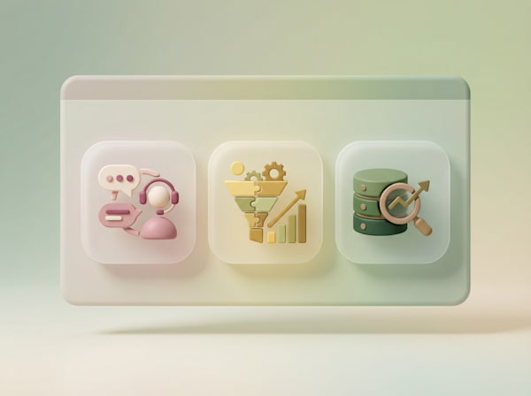 3D panel with three icons: customer support, sales funnel analytics, and database growth tracking