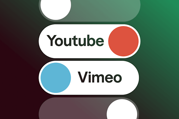 Toggle switches labeled "YouTube" and "Vimeo" with red and blue indicators.