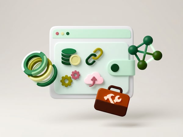 3D illustration of a web panel with database, API links, cloud upload, network nodes, and developer tools