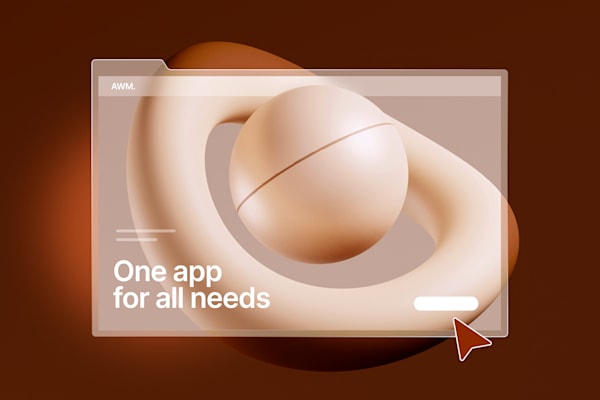 Abstract 3D design with a sphere and loop, overlaid with a web interface displaying the text 'One app for all needs'.