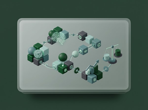 Isometric 3D cube chain forming a loop with AI brain, gear, arrow, and balance scale icons