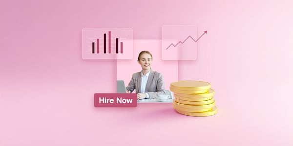 Business woman with bar and line graphs, gold coins, and Hire Now button on a pink background