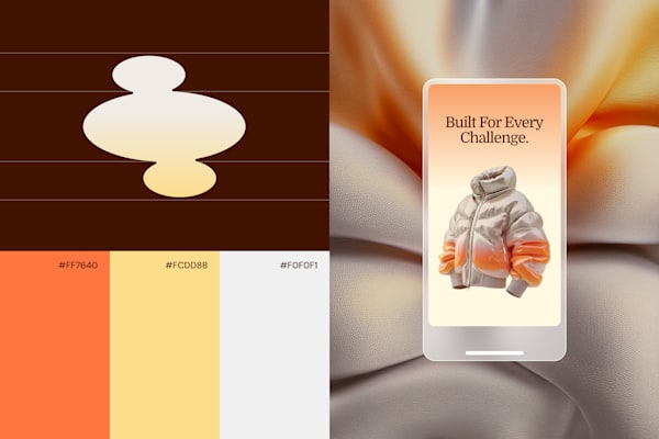 Branding: Modern product ad showing a puffer jacket on a phone screen, with fabric texture background and color palette