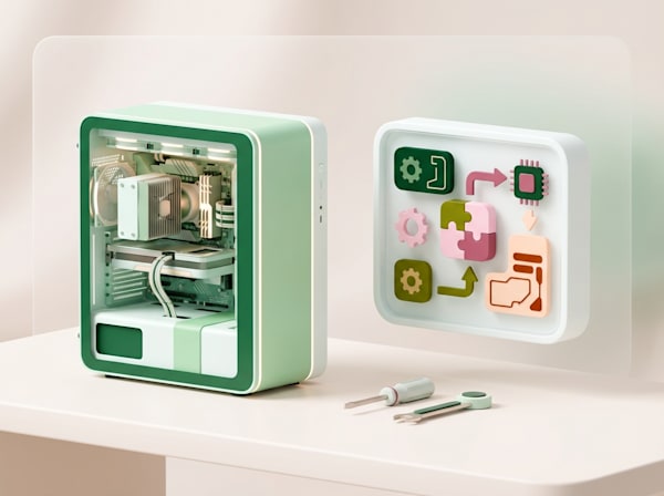 3D illustration of a desktop PC with internal components exposed and a system optimization panel