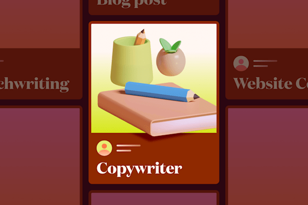 3D illustration of copywriting tools with a book, pencil, and cup on a warm gradient background