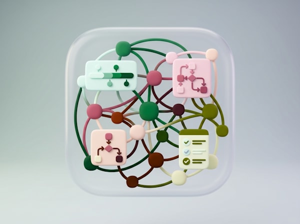 3D node network connecting four UI component cards via colorful curved lines