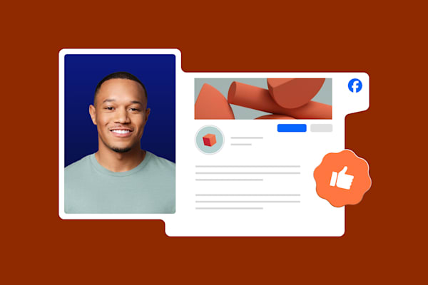 Facebook profile layout with a smiling man’s portrait, abstract cover image, and thumbs-up icon on a red background