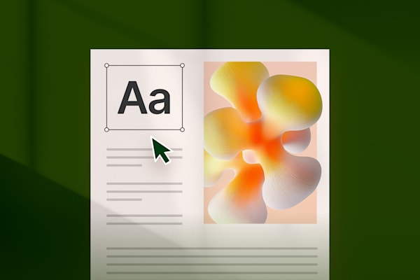 Digital document with a large 'Aa' text selection and an abstract orange and yellow 3D shape.