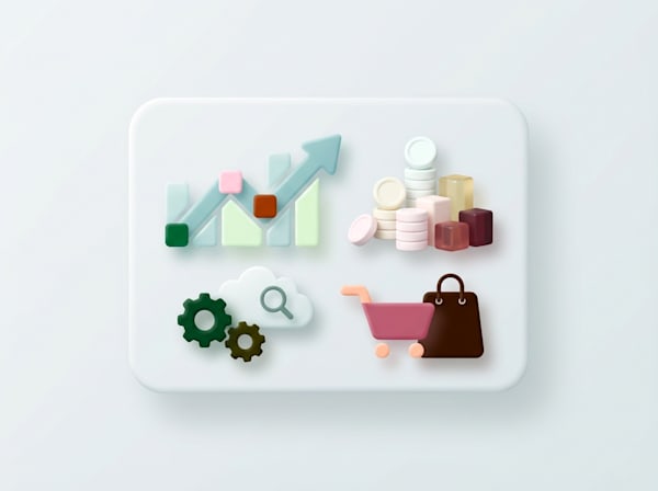 3D illustration of a growth chart, coins, gears, search cloud, and shopping cart.