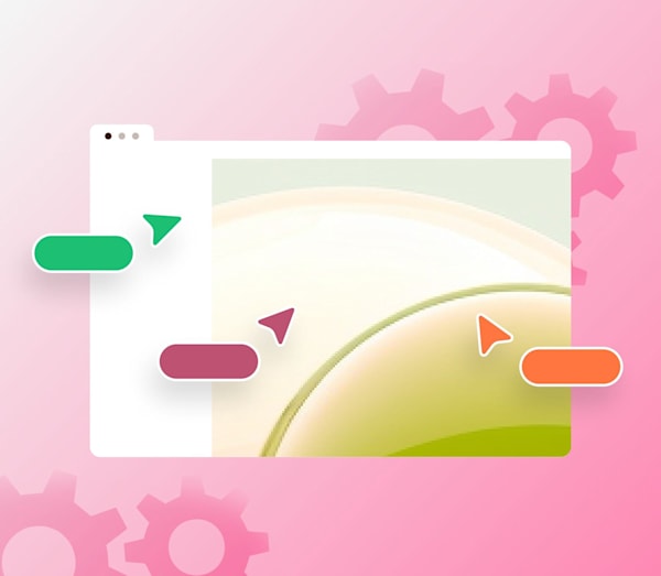 Abstract illustration of a browser window with colorful buttons and cursors on a pink background with gear icons.