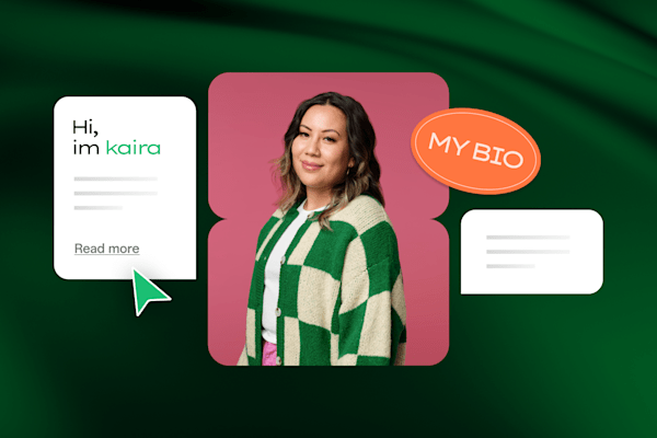 Portrait of a woman with text elements saying "Hi, I'm Kaira" and "My Bio" on a green background.