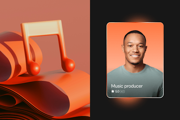 3D music note and abstract shapes on the left, with a profile card of a music producer on the right