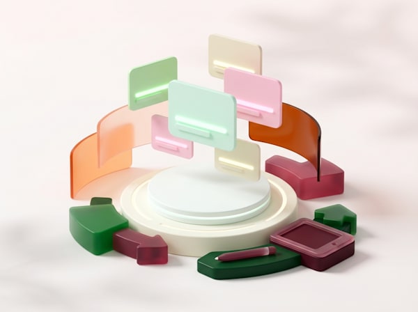 3D illustration of a circular workflow with floating UI cards and directional arrows