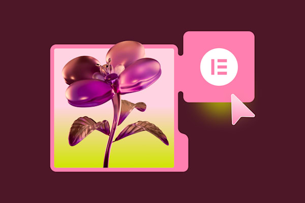 3D-rendered metallic purple flower with a pink Elementor logo and a cursor icon.
