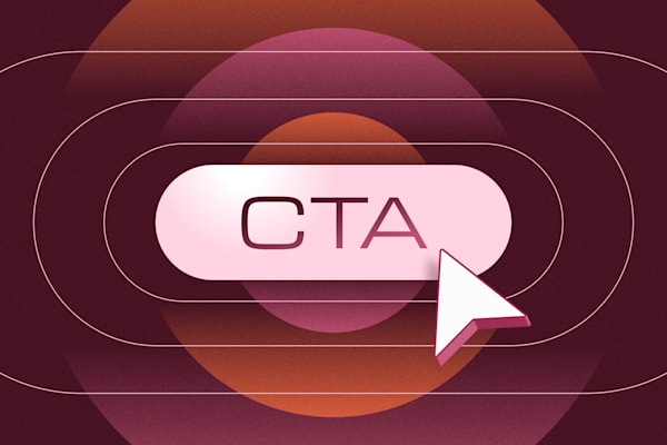 stylized "CTA" button with a large cursor icon, surrounded by abstract glowing rings.