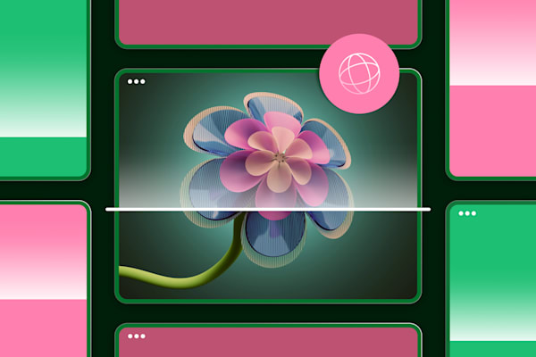 futuristic flower illustration on a glowing card interface, surrounded by pink and green UI elements.
