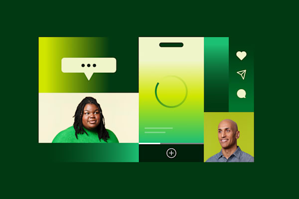 Collage of diverse people, chat icons, and a mobile interface in green tones.