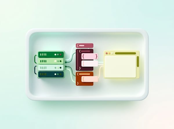 3D servers connected via cables to code blocks, feeding into a display screen