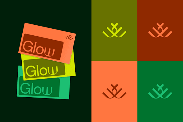Colorful typography and logo design concept featuring the word 'Glow' and abstract symbols in various color schemes.