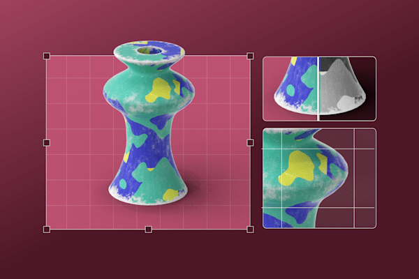Colorful abstract vase with editing grids and zoomed-in details on a maroon background.