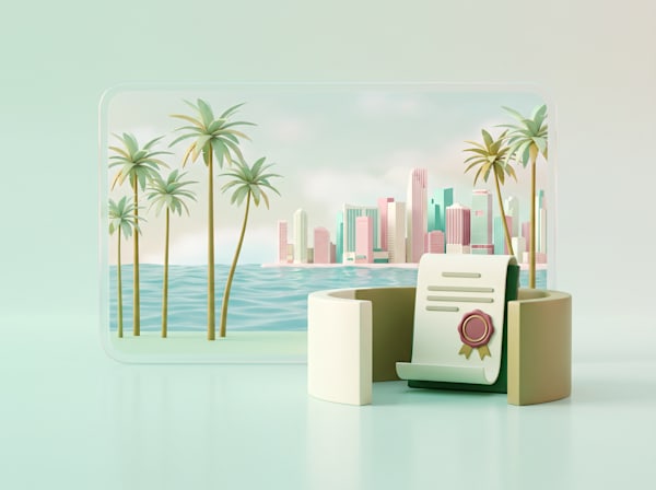3D certificate with a wax seal in front of a Miami skyline and palm tree scene