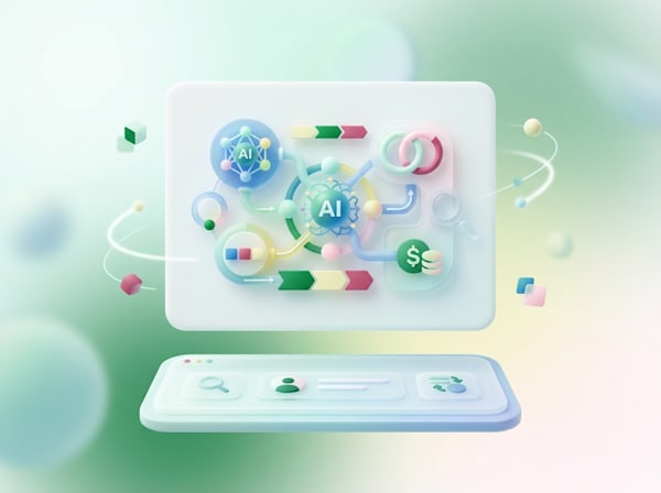 3D AI workflow interface showing connected models, data flows, and cost optimization icons