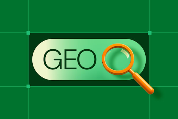 Green button with the word “GEO” and an orange magnifying glass icon on a dark green background