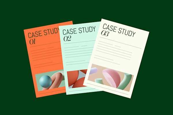 Three illustrated case study documents with abstract graphics on a dark green background