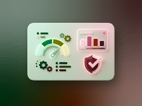 3D dashboard card with a speedometer, gears, bar chart, and security shield icons