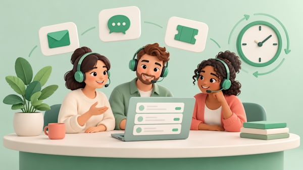 Customer care team of three support agents with headsets at a shared desk, surrounded by email, live chat, ticket, and round-the-clock coverage icons