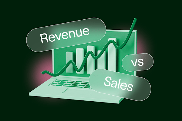 3D laptop illustration with bar and line graphs and floating “Revenue vs Sales” labels on dark green background