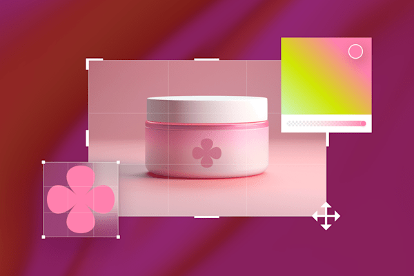 Pink cosmetic jar with a flower logo, surrounded by design elements on a gradient background.