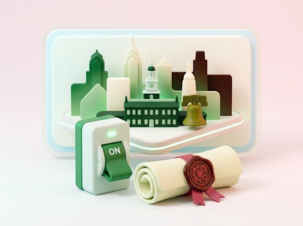 3D Philadelphia skyline with Liberty Bell, an ON switch, and a sealed scroll