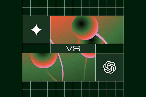 Gemini vs ChatGPT icons on a dark green grid background with abstract circular patterns