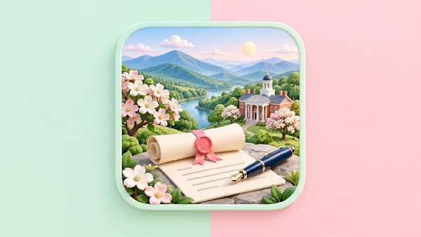 Pastel 3D illustration of the Blue Ridge Mountains, a colonial brick building, and dogwood blossoms with sealed LLC formation documents for starting an LLC in Virginia