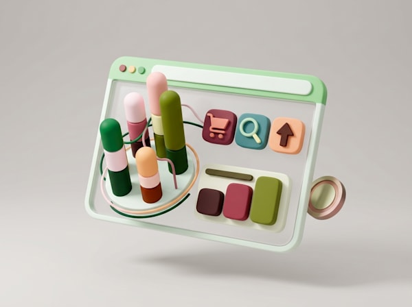 3D dashboard interface with bar chart, shopping, search, and upload icons