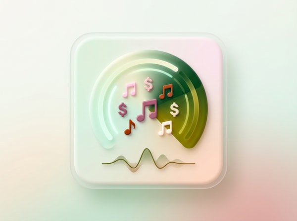 3D illustration of music notes and dollar symbols inside a circular audio interface