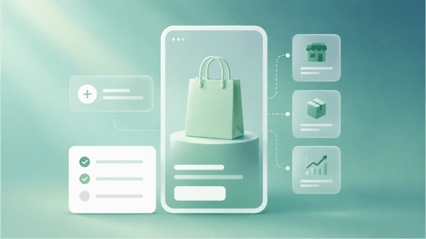 Illustration of a product listing displayed on a smartphone screen, with a shopping bag centered and connected to icons representing store management, order fulfillment, and sales analytics on a soft green background.