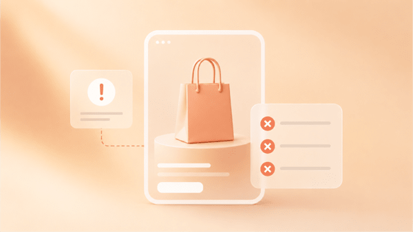 Illustration of a product listing on a smartphone screen with warning and error indicators, including a checklist marked with X icons, symbolizing common mistakes or issues in TikTok Shop management on an orange background.