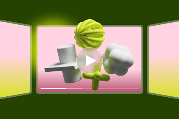3D abstract shapes in green and white displayed on a video player interface with a pink background.