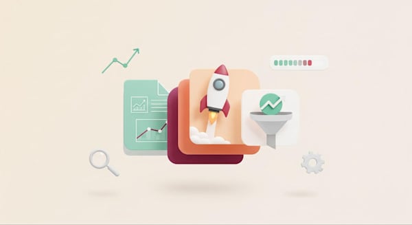 3D illustration of a rocket, charts, and funnel icons on a light beige background with floating UI elements