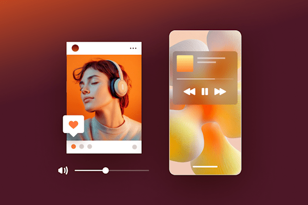 A woman with headphones enjoying music, alongside a phone screen showing a music player