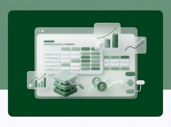 3D illustration of an interface with data tables, growth charts, revenue metrics, and workflow elements