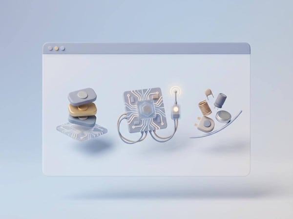 3D illustration of electronic components including circuit boards, microchips, sensors, and hardware parts
