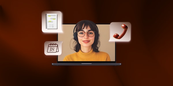 laptop screen featuring a smiling person wearing headphones, surrounded by virtual assistant tools like a calendar and phone icon