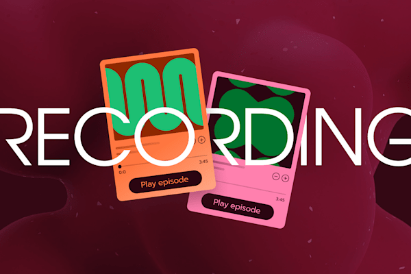 Podcast recording screen with two colorful episode cards and a bold 'RECORDING' text overlay on a dark background.