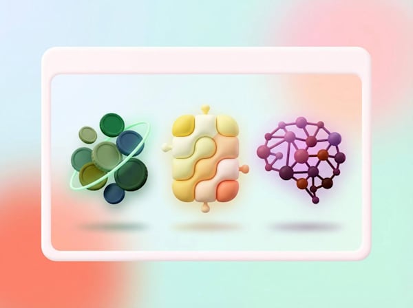 3D illustration of layered coins, a soft interlocking cube, and a connected node sphere