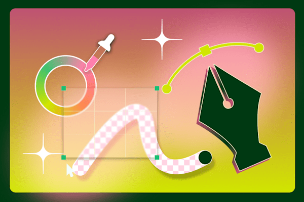 Digital design tools and elements on a colorful gradient background, including a pen tool, bezier curve, and color picker