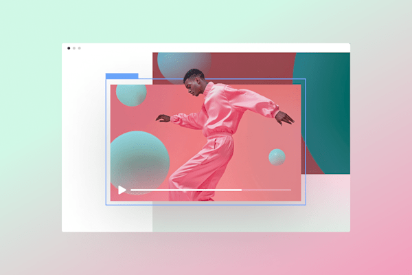 Stylish man in pink outfit posing in a digital video player interface with abstract 3D elements.